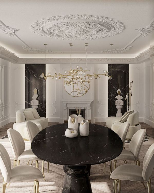 Chandelier and stone feature dining room